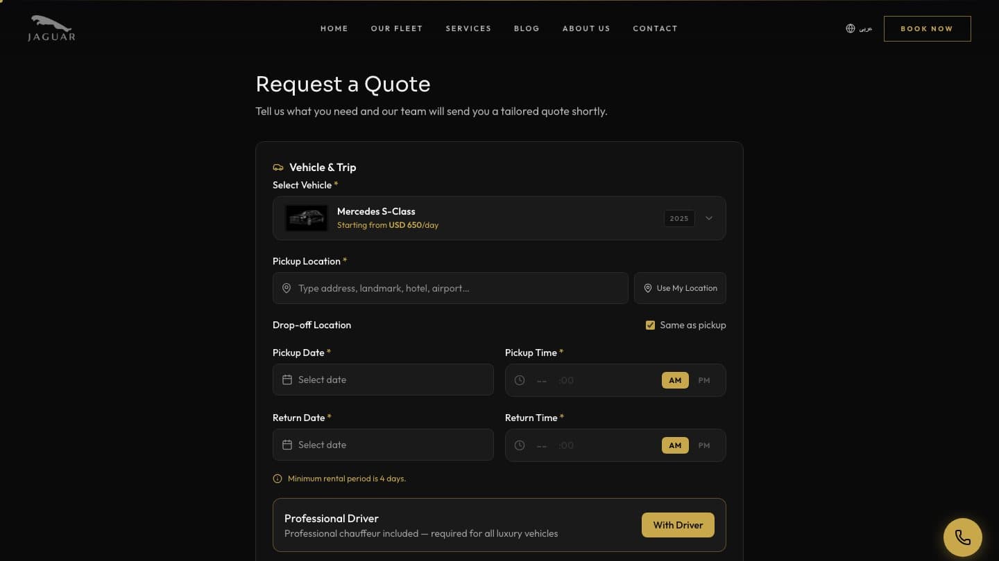 Quote request form with vehicle, pickup location, dates and driver option